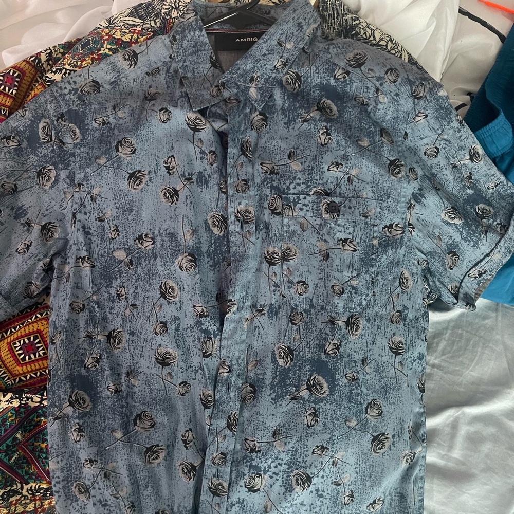Blue button up with Black/white Roses